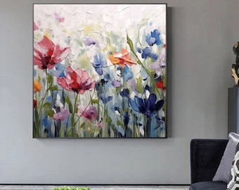 抽象的でモダンなカラフルな花の絵画、キャンバスに描かれたオリジナル