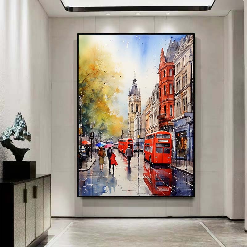 ロンドンの街並みを描いたカラフルな油絵、ロンドンの街並みの油絵 