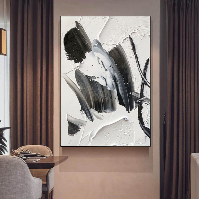 Large Abstract Wall Art Canvas Black and White Oil Painting, Modern ...