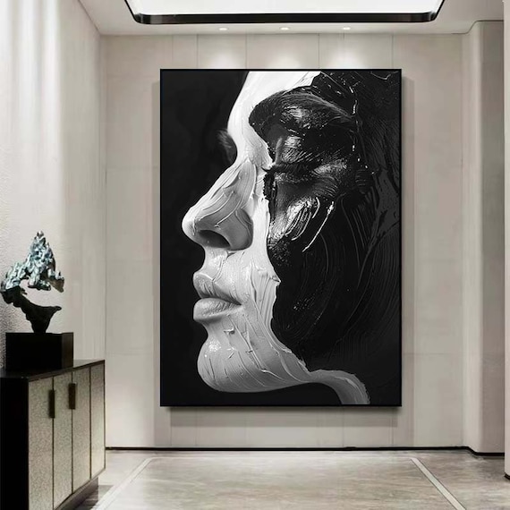 黒と白の顔の3D油絵抽象的な黒と白の顔の油絵、黒と白の壁アート