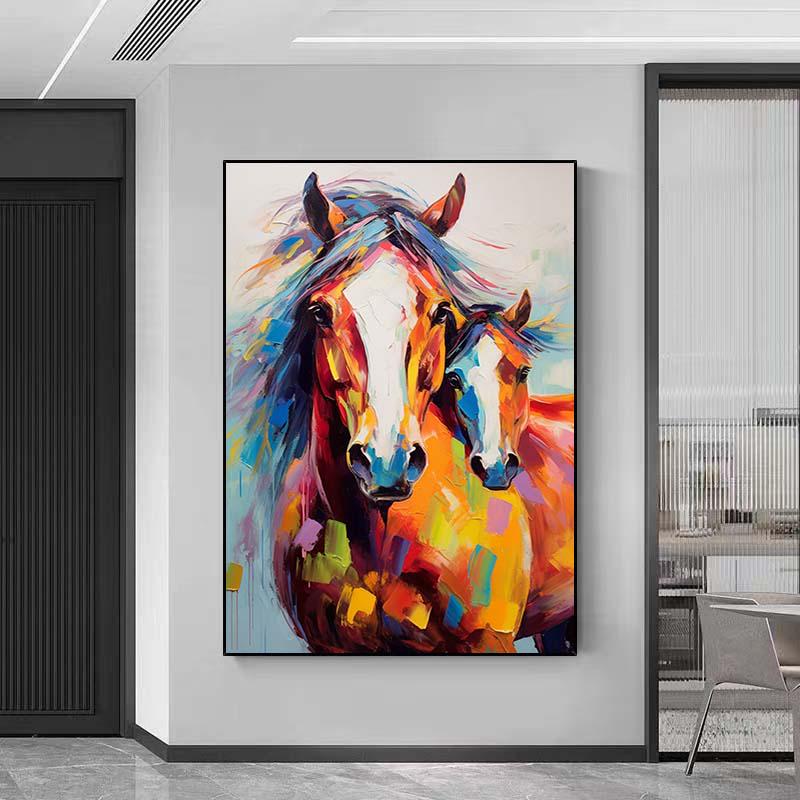 絵画　馬　油彩画 キャンバスに描かれた馬油テクスチャー絵画、馬の絵画オリジナル、動物