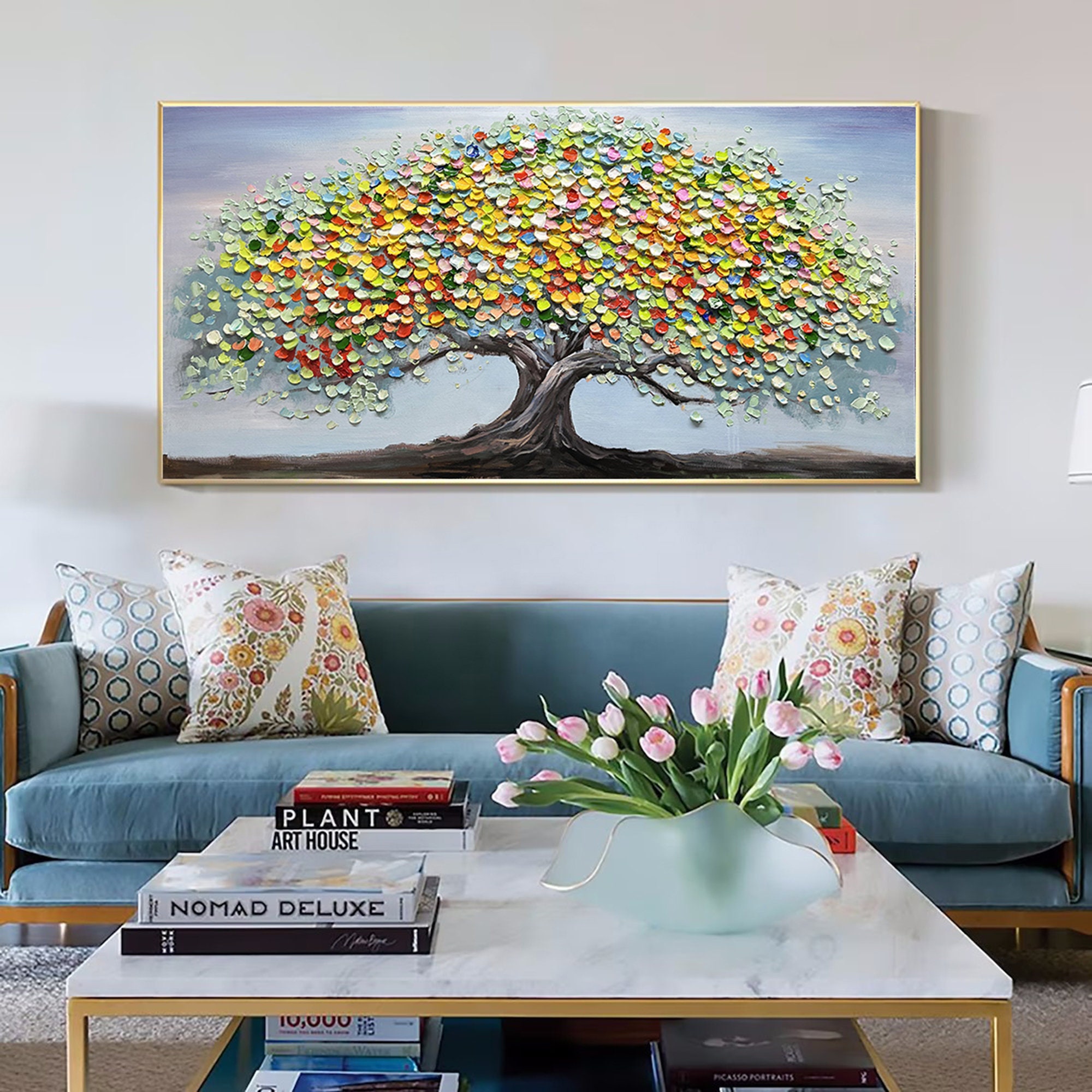 Original Tree Painting on Canvas, Large Abstract Gold Gray Big