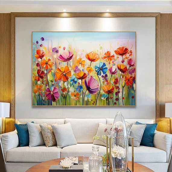 キャンバスに描かれた花の油絵 抽象的なカラフルな花の絵 花の風景画