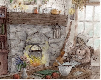 May include: Watercolor illustration of a witch's cottage interior. A stone fireplace with a bubbling cauldron, herbs, and candles. A woman in a headscarf sits at a table with a mortar and pestle, and a broom leans against the wall.