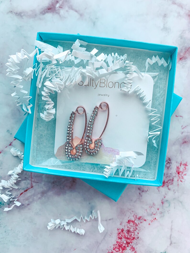Rose Gold Safety Pin Drop Earrings with Bling