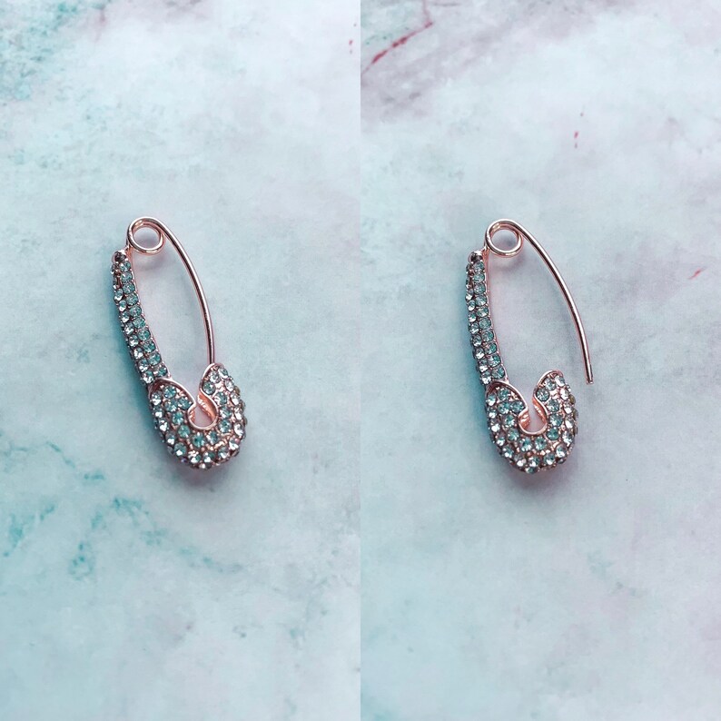 Rose Gold Safety Pin Drop Earrings with Bling