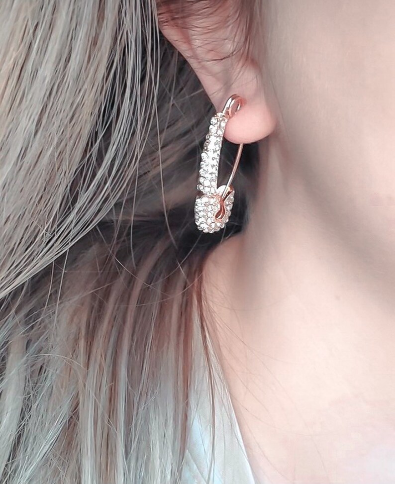 Rose Gold Safety Pin Drop Earrings with Bling