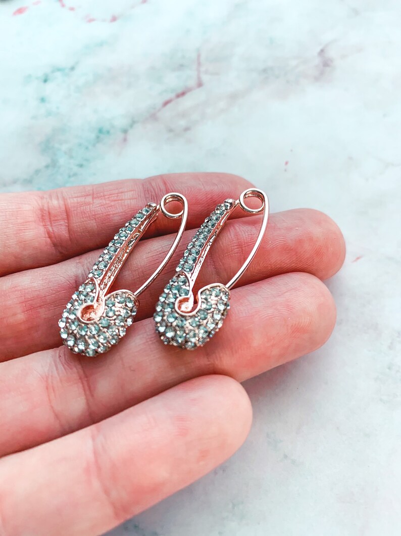 Rose Gold Safety Pin Drop Earrings with Bling