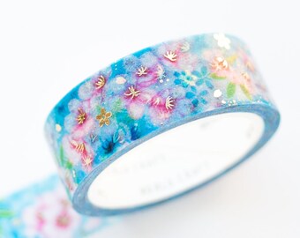Gold foil Masking Tape -Pink flowers in blue- / Japanese Yuzen style /world craft washi tape / Japanese stationery