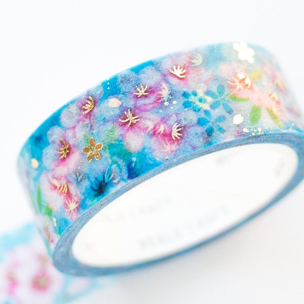 Gold foil Masking Tape -Pink flowers in blue- / Japanese Yuzen style /world craft washi tape / Japanese stationery