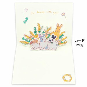 May include: A pop-up card featuring a 3D scene of four bunnies in a field of yellow flowers. The card reads "I'm happy with you!"