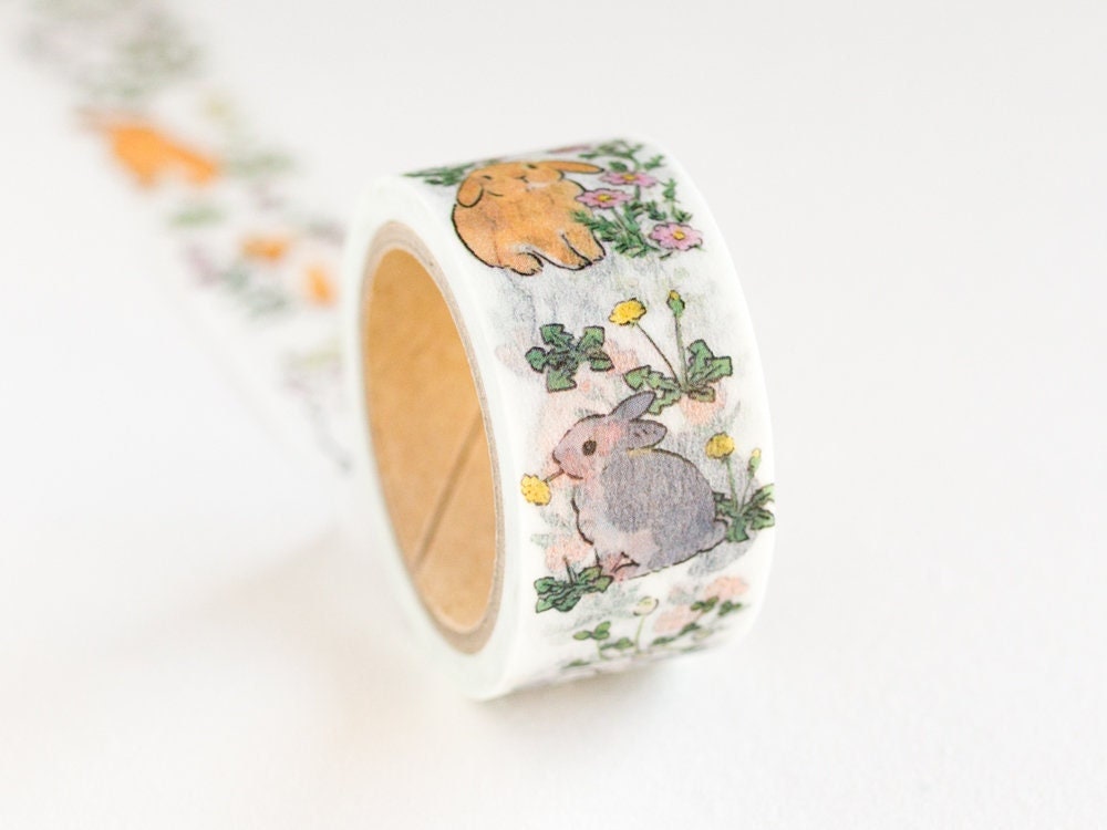 Masking Tape rabbits in the Flower by Schinako Moriyama / Etsy Canada