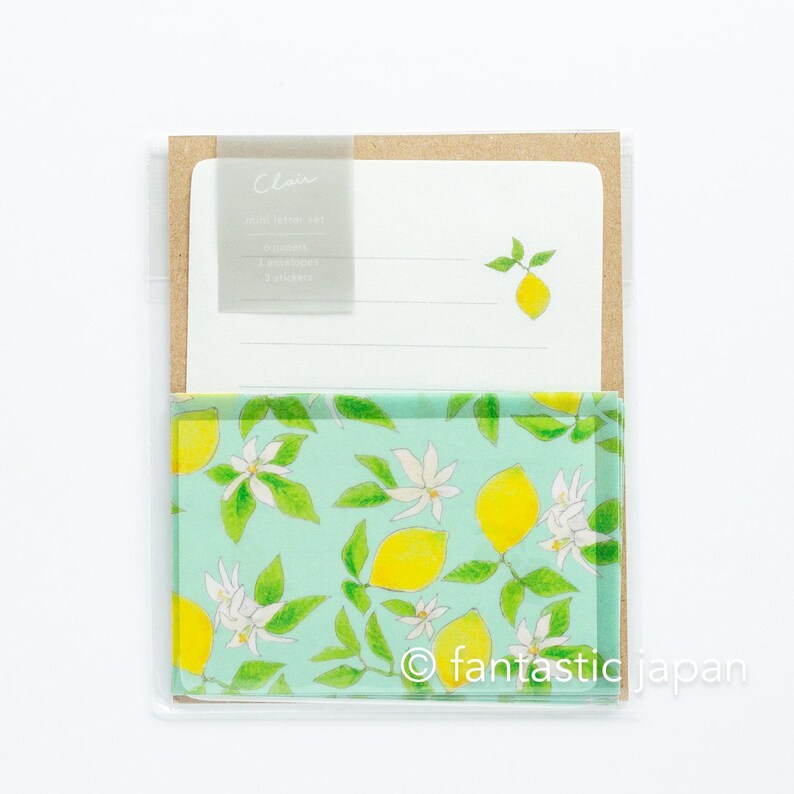 May include: A stationery set featuring a lemon theme. The set includes a notepad with a lemon illustration and a decorative cover with a lemon and floral pattern. The set is packaged in a clear plastic sleeve.