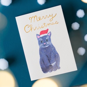 Mini cartão de Natal "Papai Noel Gato - Azul Russo-" / Cartão de gato de Natal / Cartão de felicitações / Papelaria japonesa