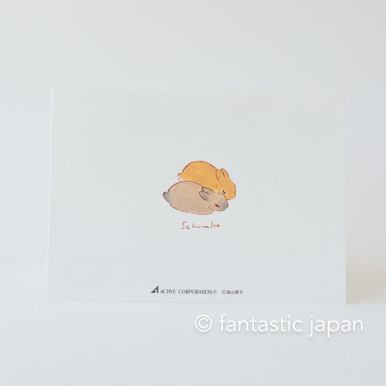 May include: A postcard featuring a watercolour illustration of two small rabbits sleeping on top of each other. The rabbits are brown and orange. The text "Schnuggle" is written in red below the rabbits.