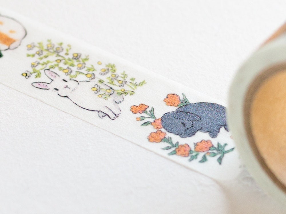Masking Tape rabbits in the Flower by Schinako Moriyama / Etsy Canada