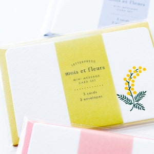 Letterpress name notes card set / mois et fleurs -mimosa- by EL COMMUN/ set of 3 / mini envelopes and notes