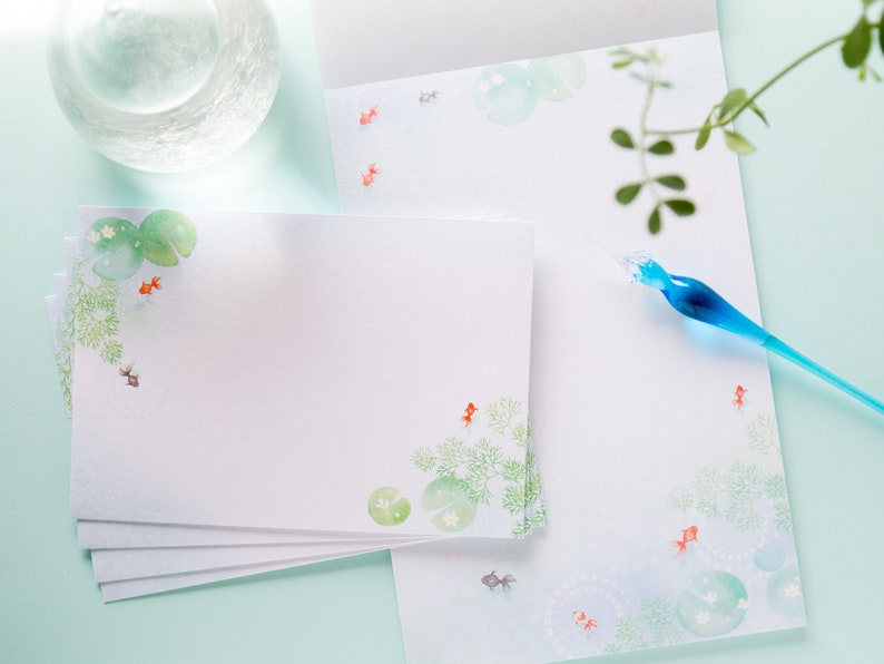 Japanese Washi Writing Letter Pad and Envelopes gold fish / traditional Iyo Washi paper / made in Japan image 1