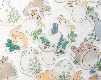 Die-cut flake stickers -rabbit and wild flowers-
