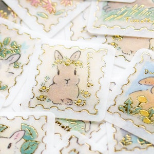 Washi Flocken Aufkleber -Kaninchen und Blumen Stempel- designed von Shinako Moriyama