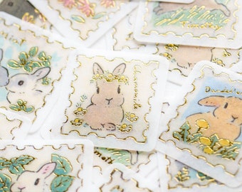 Pegatinas washi flake (sellos de conejo y flores) diseñadas por Shinako Moriyama