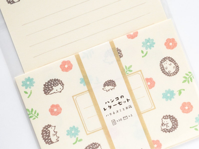 Hedgehog writing letter set / Mino Washi / japanese stationery / japanese writing paper / made in Japan image 1