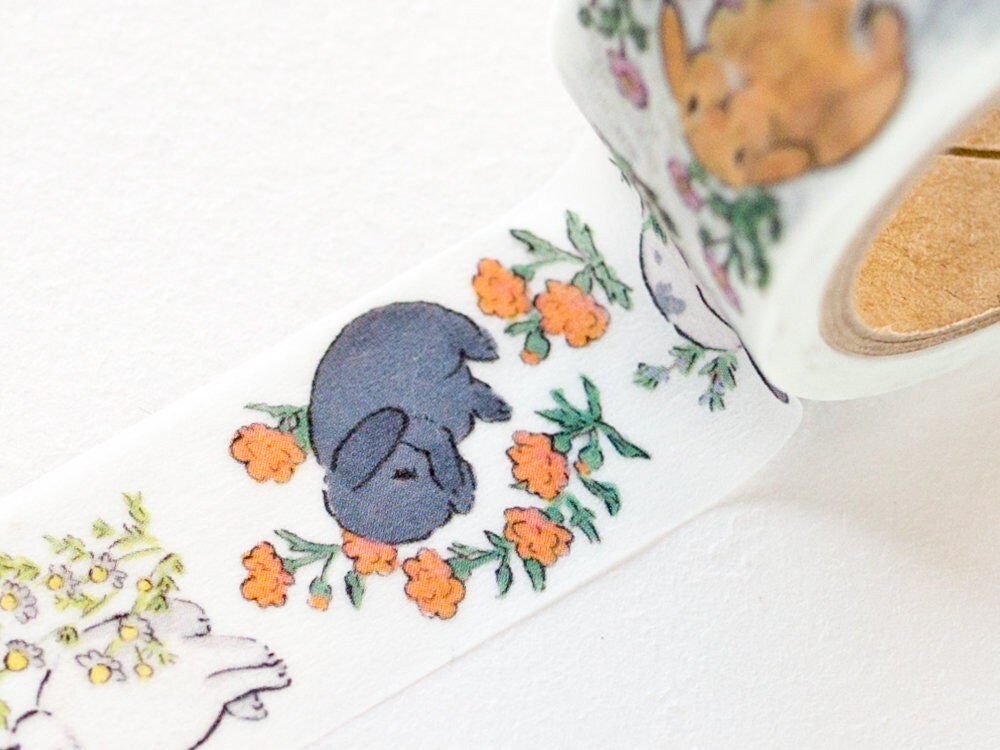 Masking Tape rabbits in the Flower by Schinako Moriyama / Etsy Canada