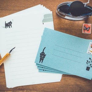 Conjunto de cartas para escrever - série "gato preto" que faz você sorrir - por Midori / produtos DESIGNPHIL / conjunto de cartas para escrever em japonês / fabricado no Japão