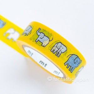 May include: A roll of yellow washi tape with a repeating pattern of elephants in different colours. The tape is labelled "mt" and has the text "fantastic japan" on the bottom.
