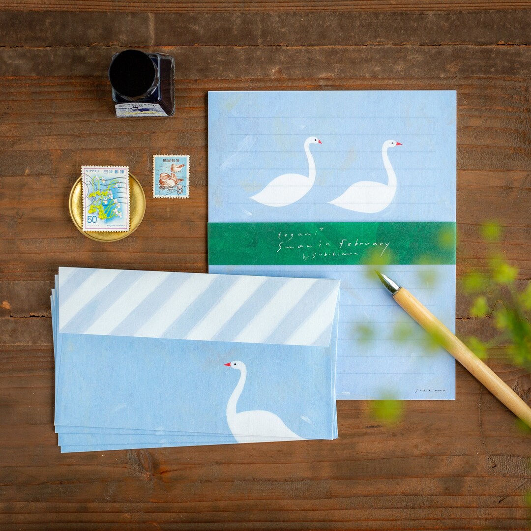 Japanese Letter Writing Set swan in February by Subikiawa / Etsy