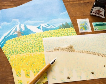 Translucent  Scenery Letter Writing set -train in the canola flower field- by Tsutsumu company / Tracing paper envelope /made in Japan