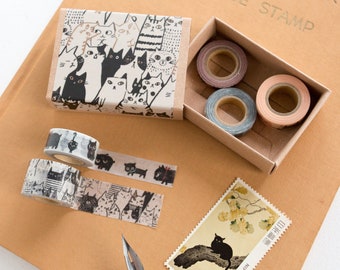 Tiny washi tape set in a small box -cats- / Shinzi Katoh designed washi tape / set of 5 / made in Japan