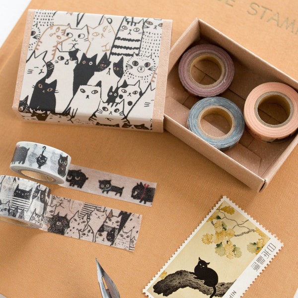 Tiny washi tape set in a small box -cats- / Shinzi Katoh designed washi tape / set of 5 / made in Japan