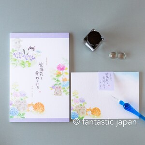 Bloc de cartas y sobres washi japoneses -Gatos en el templo de las hortensias-