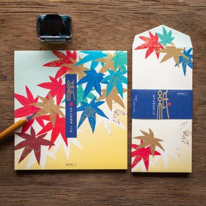 Bloc de cartas y sobres japoneses Iyo washi -hojas rojas de otoño- / serigrafía