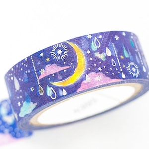 Met zilver verijdelde maskeertape - maanverlichte druppel- / sterren en maan ontworpen / SAIEN / kamiiso sansho / Japans briefpapier / gemaakt in Japan