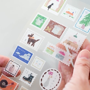 May include: A sheet of clear stickers with various illustrations, including a dog, a house, a tree, a lamp, and a boot. Each sticker is framed with a white border and has a number in the corner.