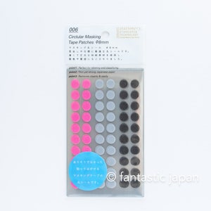 Puede incluir: Un paquete de parches de cinta de enmascarar circulares en rosa, gris y negro. El paquete incluye el texto "Circular Masking Tape Patches Ø8mm". Los parches tienen aproximadamente 0,8 cm de diámetro.