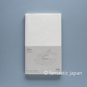 May include: A white MD Notebook with a slim, rectangular shape. The cover features a gray paper band with a black line drawing of a hand writing on lined paper. Text on the band includes MD Notebook, D6 Slim Lined, and the phrase Passing moves you forward.