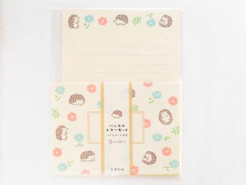 Hedgehog writing letter set / Mino Washi / japanese stationery / japanese writing paper / made in Japan image 2