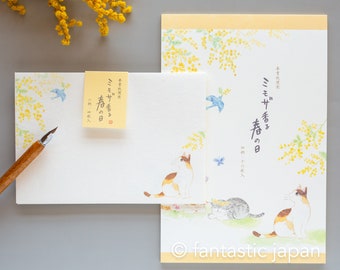 Japanese Washi Writing Letter Pad and Envelopes -cats and mimosa-