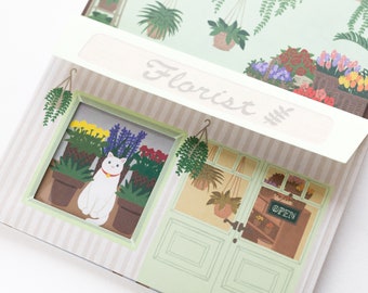 Briefpapier Set - Katze am Fenster bei Flower shop - von tsutsumu company / Japanisches Briefpapier Set / made in Japan