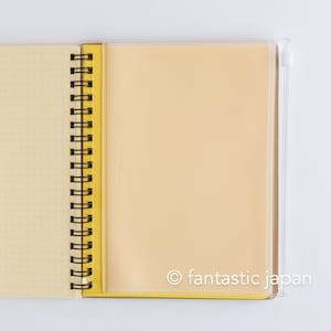 Peut inclure: Un carnet à spirales jaune avec une pochette transparente zippée fixée sur le côté droit. La pochette est légèrement ouverte et le tirette de la fermeture éclair est visible. Le carnet a un motif quadrillé sur les pages.