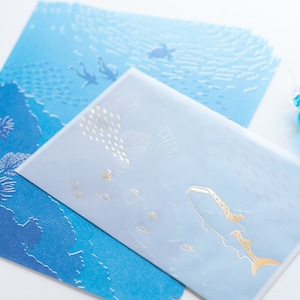 Juego de escritura de cartas translúcidas con paisajes marinos de Tsutsumu Company Limited. Sobre de papel vegetal. Fabricado en Japón.