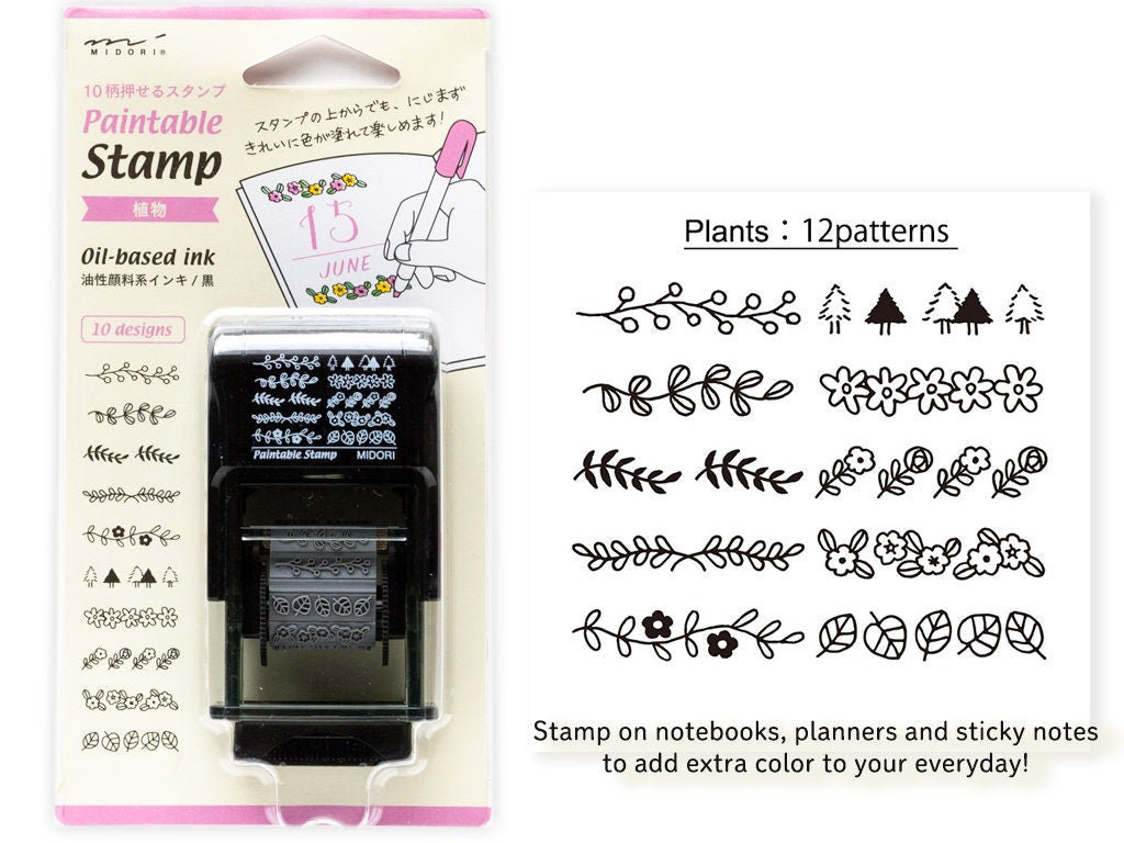 MIDORI Paintable Stamp 12 Designs plants Pattern/ Self-inking