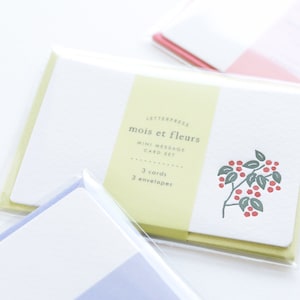 Zestaw kartek z notatkami imiennymi z nadrukiem letterpress / mois et fleurs -checkerberry- firmy EL COMMUN/ zestaw 3 sztuk / mini koperty i notatki