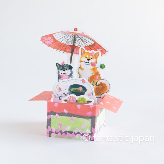 Box Greeting Card -Shibaken enjoying Japanese spring- / designed by Natsuka Murata
