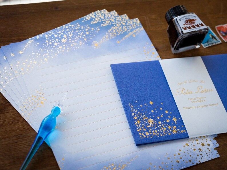 Gold foiled Letter Writing set Polite letters stardust by Tsutsumu company limited / made in Japan image 4