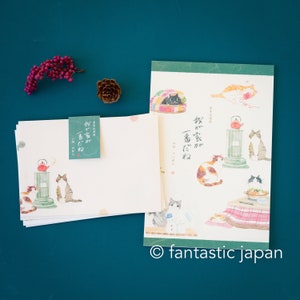 Bloc de notas y sobres para escribir con papel washi japonés - Gatos domésticos en invierno - Juego de cartas NB