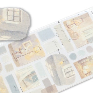 May include: A sheet of clear stickers with watercolor illustrations of rooms with windows and lamps. The stickers have text that reads "There is same seamety wont ro" and "Think you well Surely like thar too".